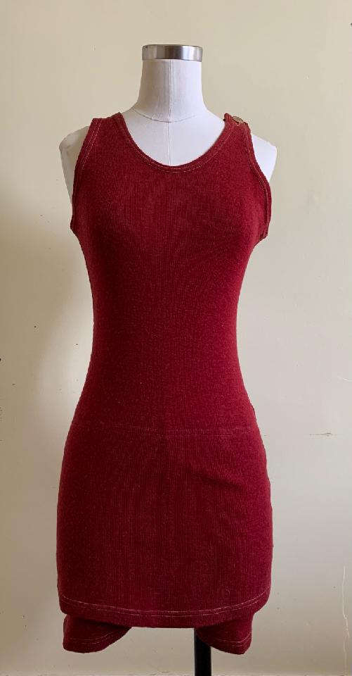 Maroon wool bathing suit with inset fitted legs. C. 1920s