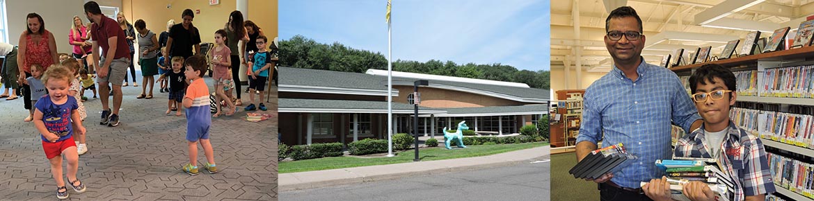 Harry Bennett Branch collage showing patrons of all ages in the library, with an exterior image of the library in the middle