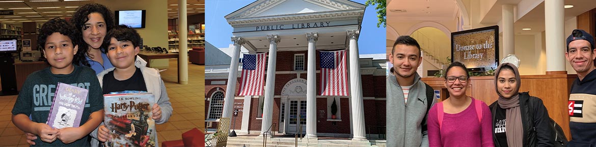 Main branch collage showing patrons at the Main Branch and an exterior image