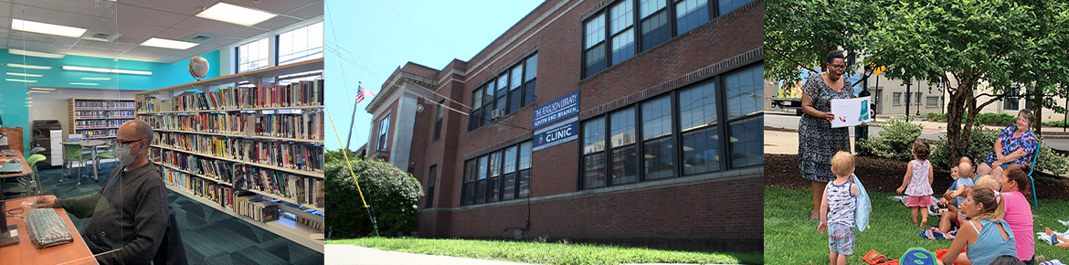 South End Branch collage showing patrons in the library and a storytime on the law with an exterior image of the building in the middle