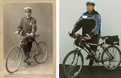 Two photos, one historical and one current, of the policemen with their bicycles