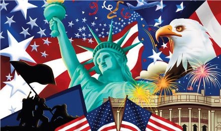 Collage of US symbols including silhouette of flag raising on Iwo Jima, the Statue of Liberty, the White House, a bald eagle, and American flag background