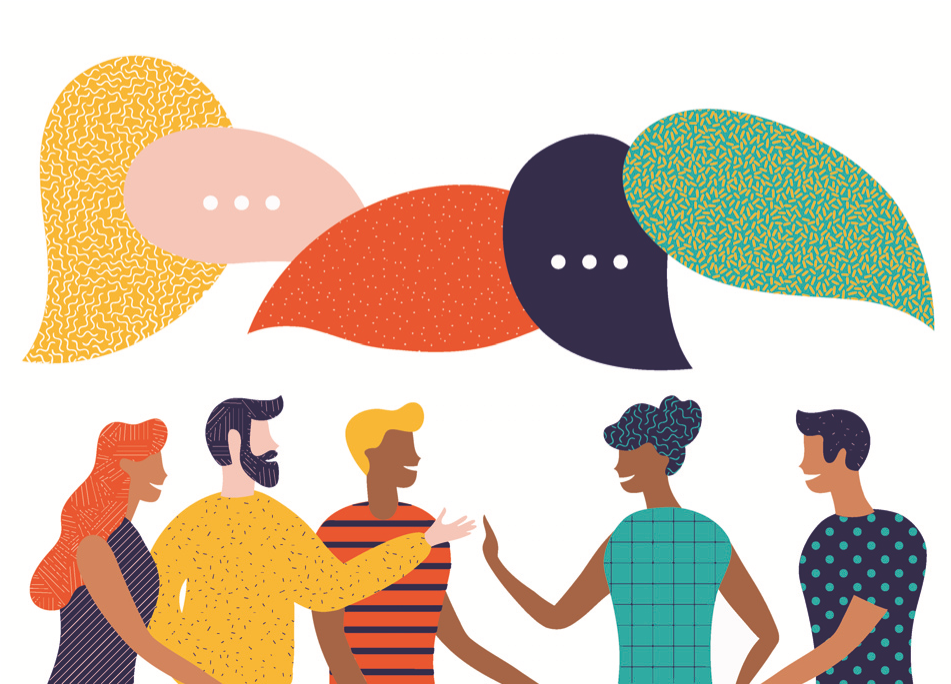 Illustration of a diverse group of people with various colored dialogue bubbles above their heads.