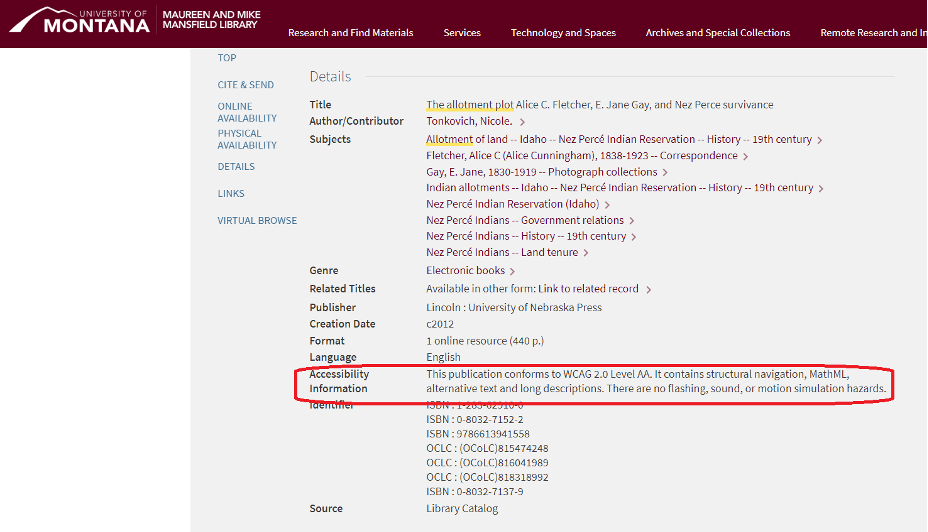 Figure 19b- Accessibility Information highlighted for this bookThe allotment plot Alice C. Fletcher, E. Jane Gay, and Nez Perce survivance%22.png
