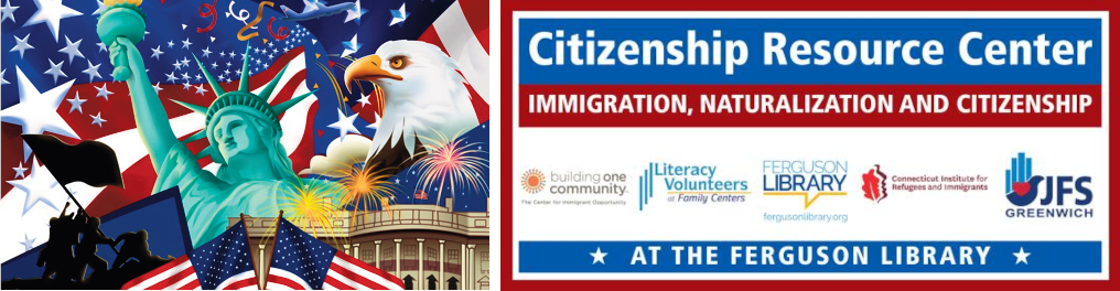 Collage of US symbols including silhouette of flag raising on Iwo Jima, the Statue of Liberty, the White House, a bald eagle, and American flag background and the Citizen Resource Center Logos