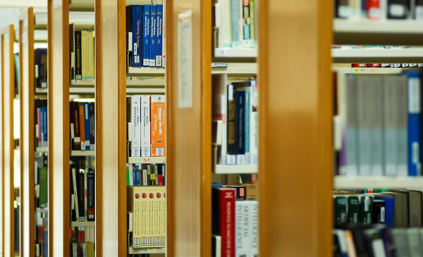 bookshelves in the library stock image
