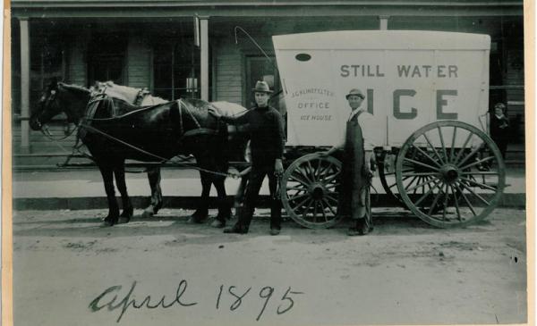 Stillwater Ice Image of two men with a horse and buggy, dated April 1895